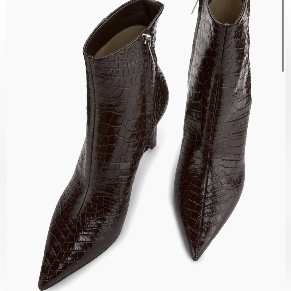 Jimmy Choo Frankie 85MM Embossed Leather Bootie Elegant Chocolate Brown Croc NWT - Picture 4 of 9